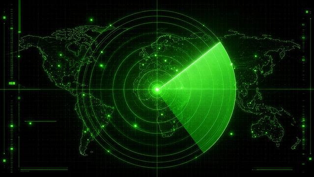 Green radar scan overlay on world map for global surveillance or network monitoring concept