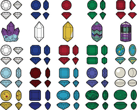 A vibrant collection of assorted gemstones and crystals, each rendered in a clear, graphic style, showcases a spectrum of colors and cuts, from faceted diamonds to polished cabochons.