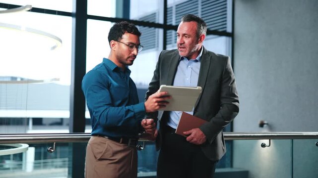 Business, review or team in agency with tablet, budget outlook or growth plan for finance portfolio. Digital, men or wealth advisor with tech, forecast discussion or feedback on strategy report.