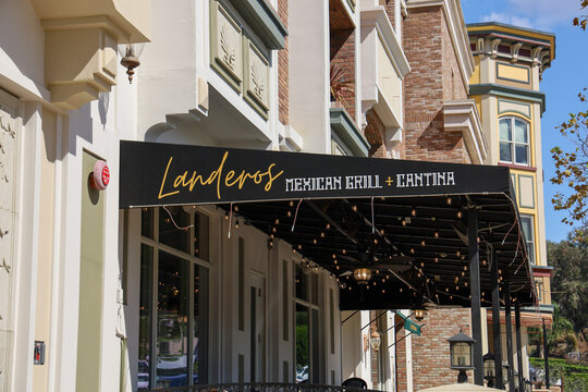 Temecula, CA USA on August 8, 2022. View of the Landeros Mexican Grill and Cantina patio and sign at Old Town Temecula in southern California.
