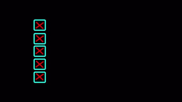 Five bullet point multiple choice checklist presentation boxes with crosses animation on white background. Red wrong incorrect cross square boxes for rejection, evaluation or form completion concepts