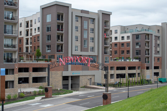 NEWPORT, KY USA ON APRIL 24, 2019. View of Aqua on The Levee apartment buildings and sign, Newport Kentucky.