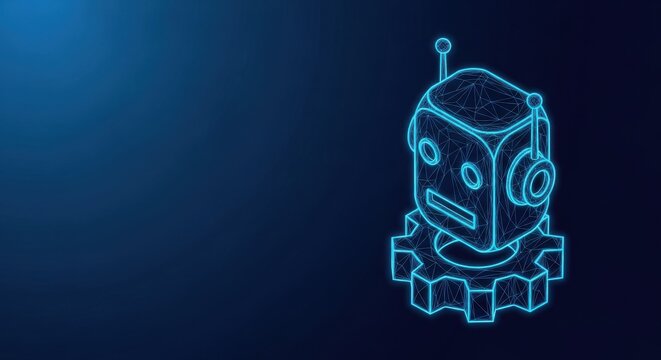 Futuristic wireframe robot head on a gear, glowing blue digital illustration