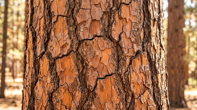 Close up shot of pine tree bark with deep fissures and orange textures in a soft sunlit forest, natural organic background, macro detail.