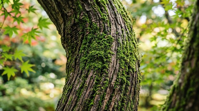 Close up of textured tree bark covered in lush green moss with soft focus autumn maple foliage in a tranquil Japanese garden setting