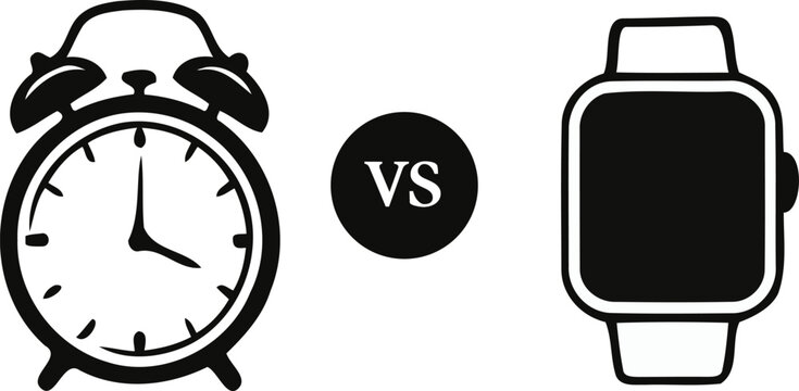 Minimal black and white vector illustration showing a traditional alarm clock compared with a modern smartwatch, representing technology evolution, digital transformation, time management