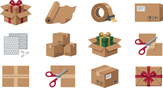 Set of twelve vector icons illustrating shipping, packaging, cardboard boxes, packing tape, bubble wrap, scissors, and gift boxes