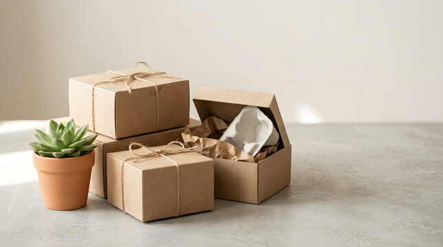 Eco friendly cardboard packaging boxes tied with natural twine string and potted succulent on table