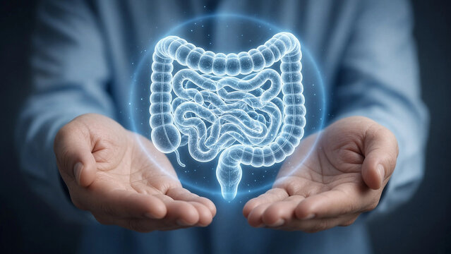 Person holding holographic human digestive system model for medical education or health awareness