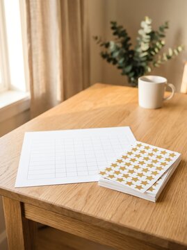Blank Reward Chart and Gold Star Stickers on Wooden Table