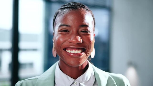 Business, woman and happy with face in office for corporate banking, funny liaison or about us. Black person, compliance officer and laugh at firm for financial career, regulatory expertise or humor