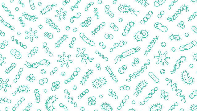 Microscopic bacteria and virus patterns in teal line art, ideal for medical, science, or health-themed designs