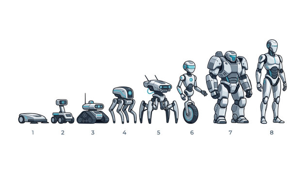 Futuristic robot evolution vector set featuring humanoid androids mechs drones quadruped and unicycle robotic models for game assets