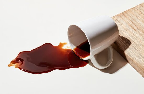 A white mug spills dark liquid onto a smooth surface next to wood