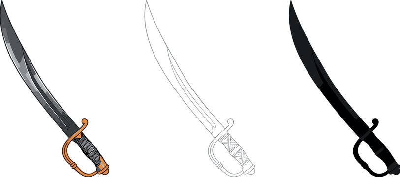 Vintage pirate cutlass saber sword vector illustration set in detailed color line art outline and black silhouette styles