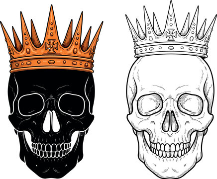 King skull wearing royal golden crown vector illustration set in gothic silhouette and tattoo sketch outline styles