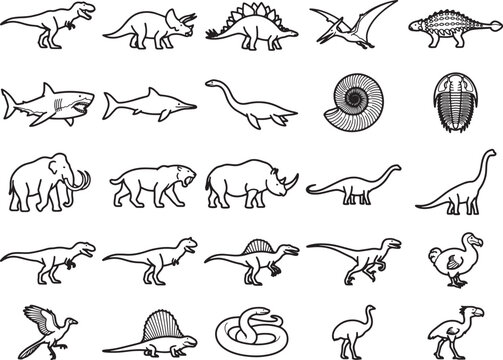 A collection of line art illustrations depicts a variety of prehistoric creatures, including dinosaurs, mammals, and marine life, showcasing the diversity of ancient life.
