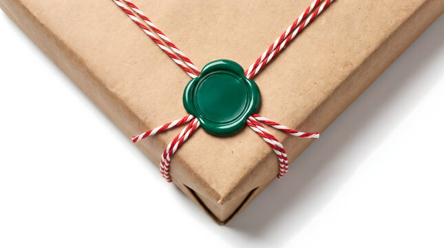 Corner view of brown kraft paper gift parcel wrapped with red and white twisted bakers twine and sealed with elegant dark green wax stamp isolated on white background for holiday packaging