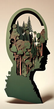 A profile silhouette of a human head containing a layered uppercut forest scene with trees and foliage in a green palette