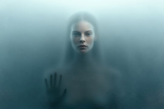 Mysterious woman behind frosted glass portrait with moody atmosphere
