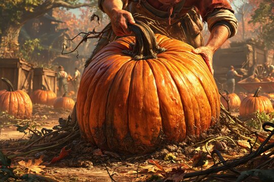 Giant pumpkin harvest in autumn farm field with farmer picking squash