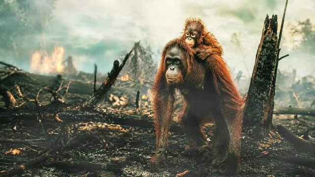 Orangutan Mother and Baby Surviving Deforestation and Forest Fire Landscape