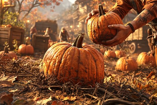 Farmer harvesting pumpkins in autumn patch with warm golden hour light