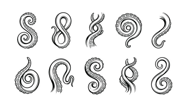 Hand drawn octopus tentacles vector set featuring vintage engraved kraken swirls sea monster arms isolated on white background