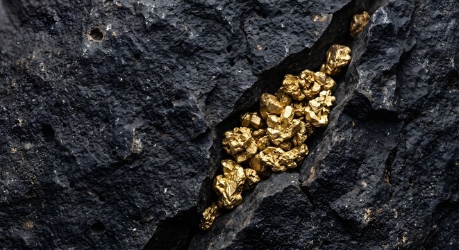 Raw gold nuggets in black basalt rock texture background