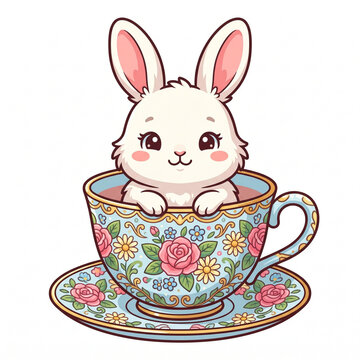 bunny sitting inside a decorative teacup with floral patterns