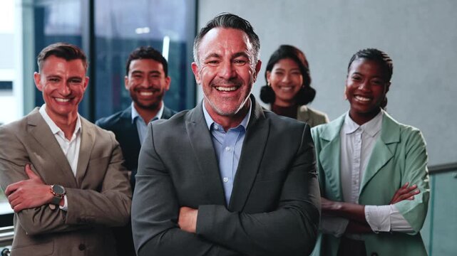Face, happy man or staff in office with arms crossed, legal representative or client advocacy. Laughing, lawyer or mature leader with team for justice system, career integrity or services confidence