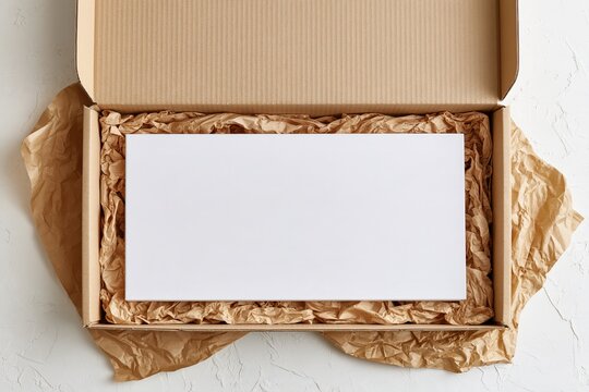 Open cardboard delivery box with protective crumpled paper packaging