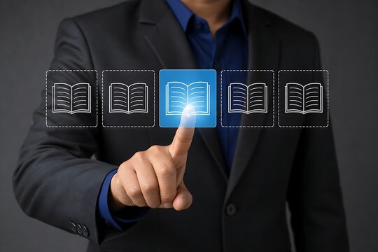 Man in business suit pointing at digital book icon on virtual interface during corporate study