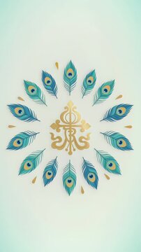 Golden Ik Onkar symbol with peacock feather circle for Sikh festival