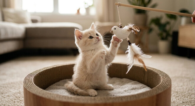 White kitten playing with feather toy in modern living room cat bed