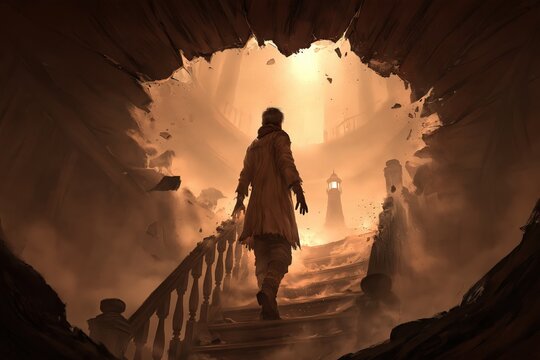 Man walking up stairs toward bright light in mystery dark atmosphere