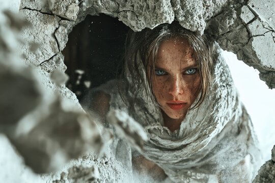 Scared woman looking through broken concrete wall in dramatic disaster