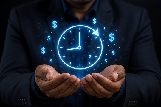 Business person holding glowing digital clock and dollar currency symbols