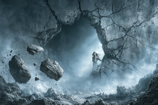 Woman standing in broken stone wall with floating rocks dark fantasy