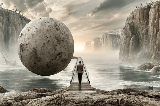 Surreal landscape with giant sphere and person walking on bridge