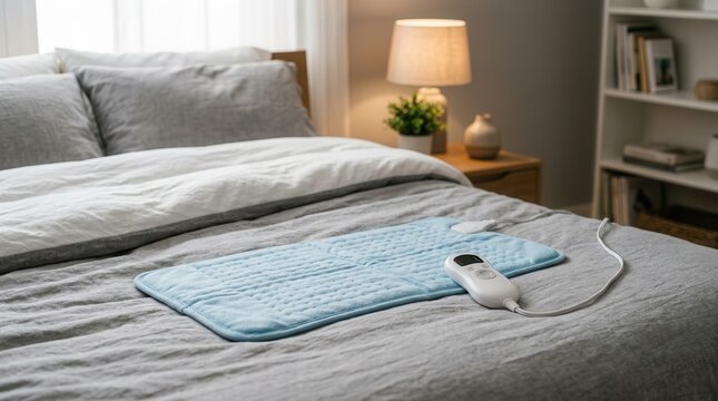 Electric heating pad with remote controller laid on a bed in a cozy bedroom.