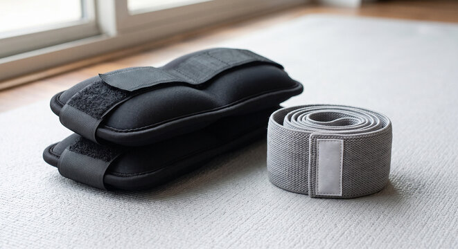 Close up of ankle weights and resistance loop band on exercise mat fitness