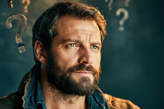 Thoughtful bearded man with question marks wondering about solution