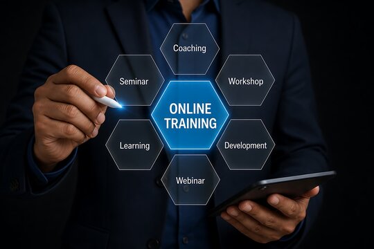 Businessman holding tablet with glowing online training flowchart and education icons diagram