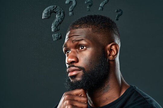 Thoughtful Black man thinking with question marks and serious mood