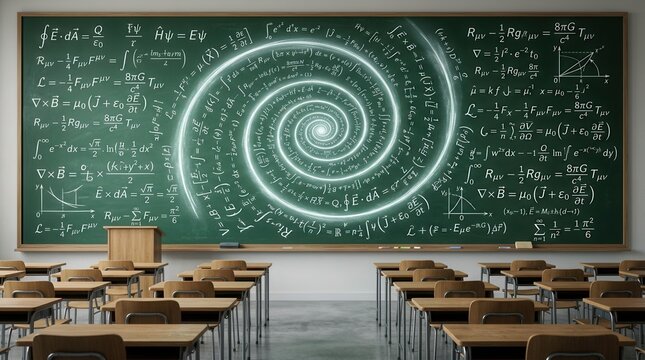 Mathematical formulas swirling in a spiral pattern on a green chalkboard in an empty classroom.