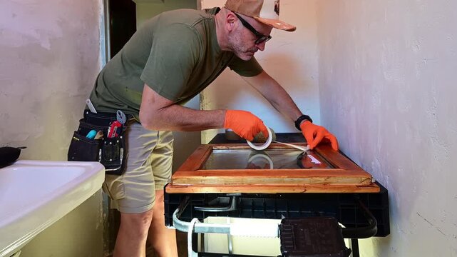 Man applying masking tape to a window frame before painting