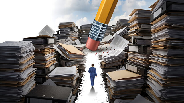 Business person walking through a path cleared by a giant pencil eraser in a pile of paperwork.