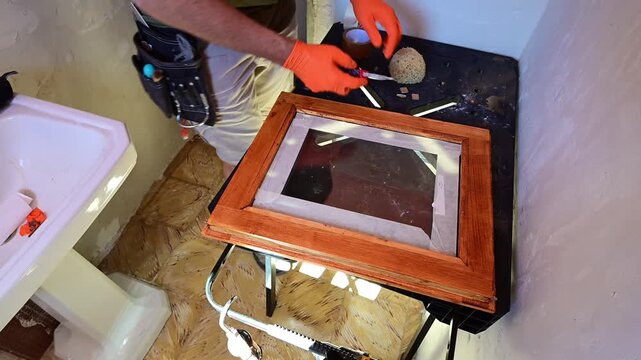 Man restoring an old wooden picture frame with tools