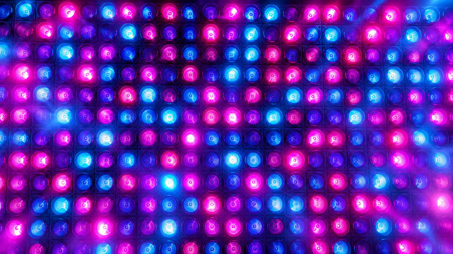 Vibrant neon LED grid pattern with glowing pink and blue lights for digital backgrounds and futuristic designs